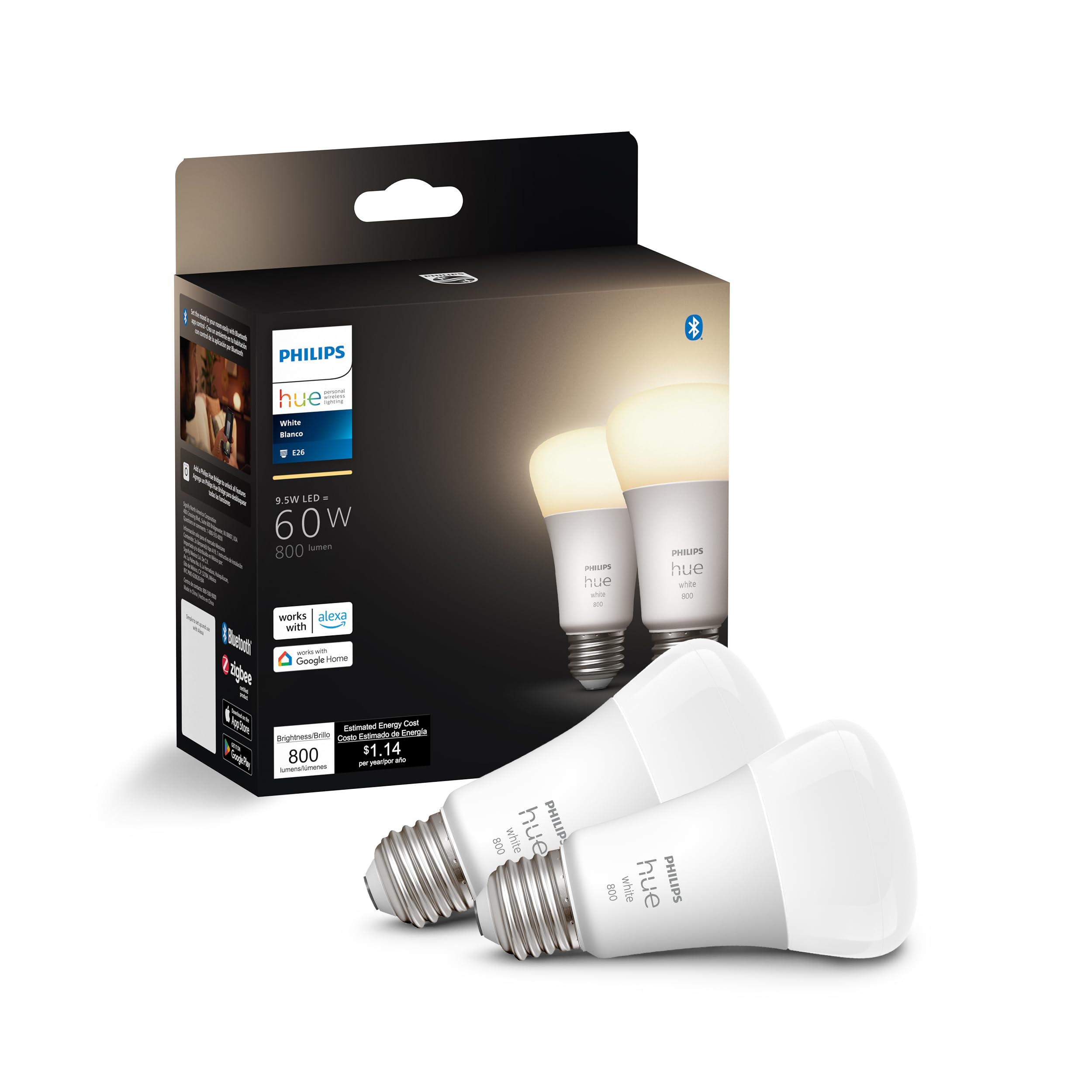 Philips Hue Smart 60W A19 LED Bulb - Soft Warm White Light - 2