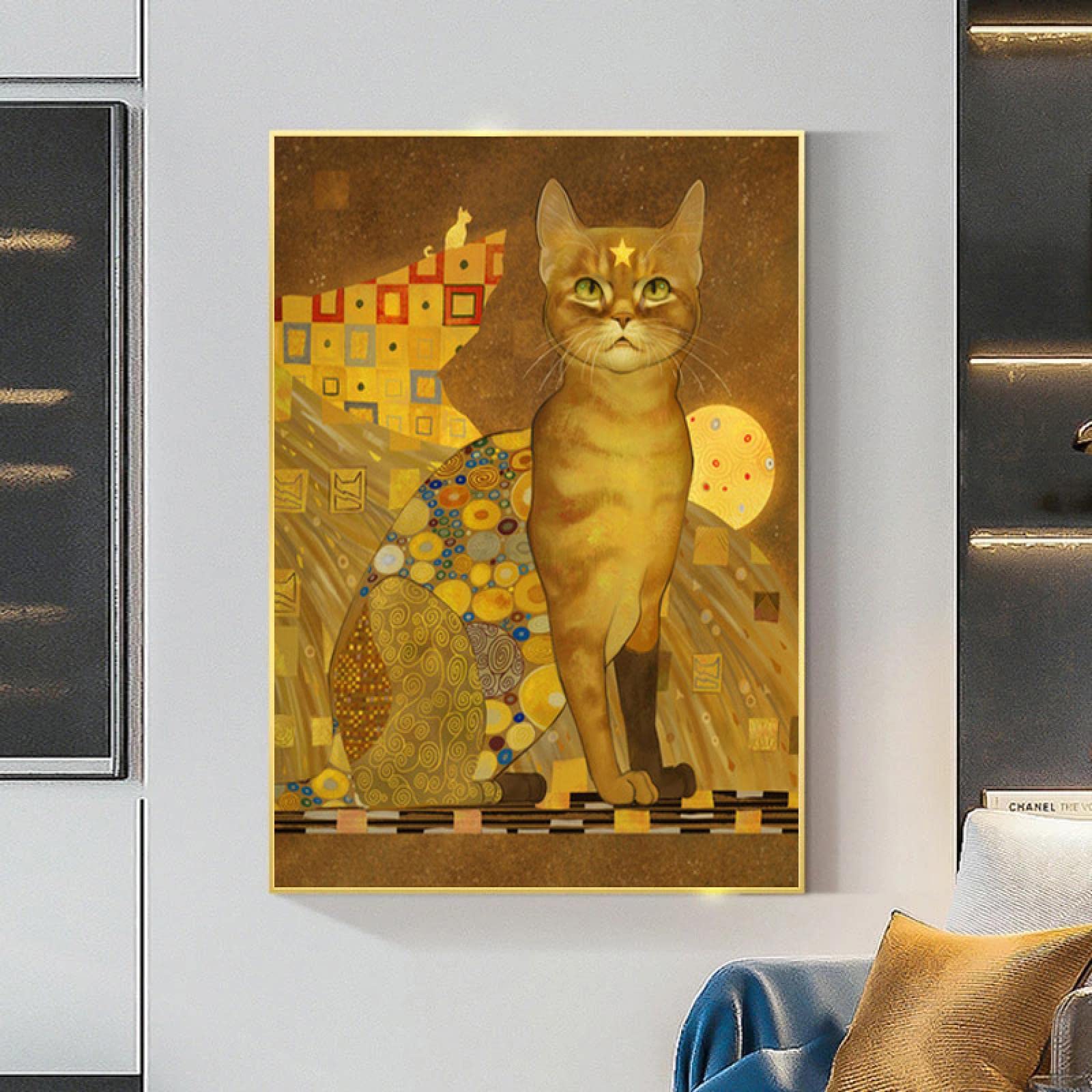Amazon｜グスタフクリムト猫キャンバス絵画黄色のレトロな動物の