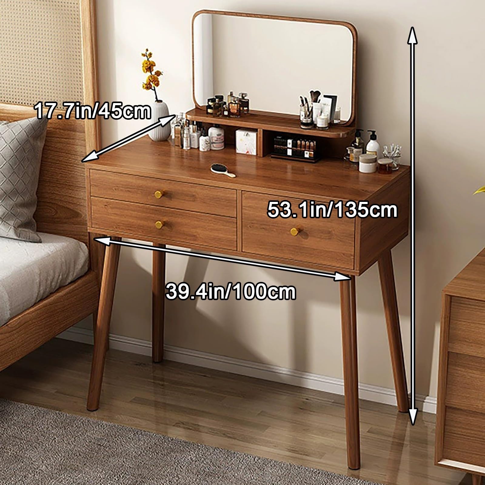 Amazon｜鏡付きドレッサー。ウォールナット色ドレッサーテーブル。収納