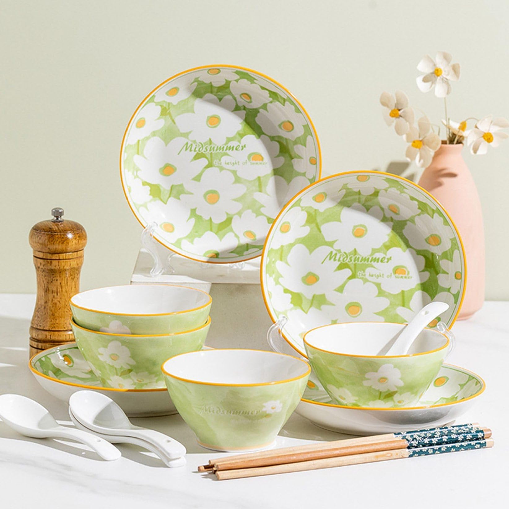 Amazon.co.jp: 食器 緑 花柄 碗セット 皿セット 鉢 磁器 小鉢 中鉢 大