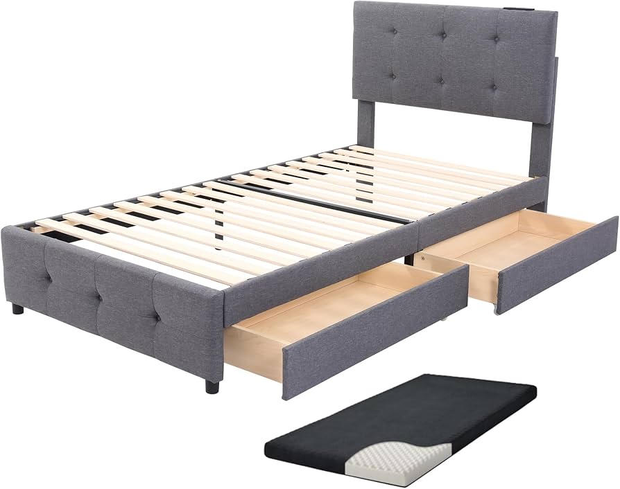 厚さ10cmマットレス付き】ファブリックベッド 引き出し付き ダークグレー