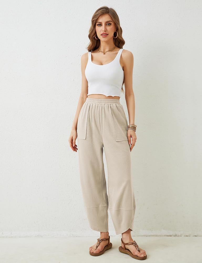 Springrain Womens Baggy Wide Leg Pants Cotton Elastic Waisted