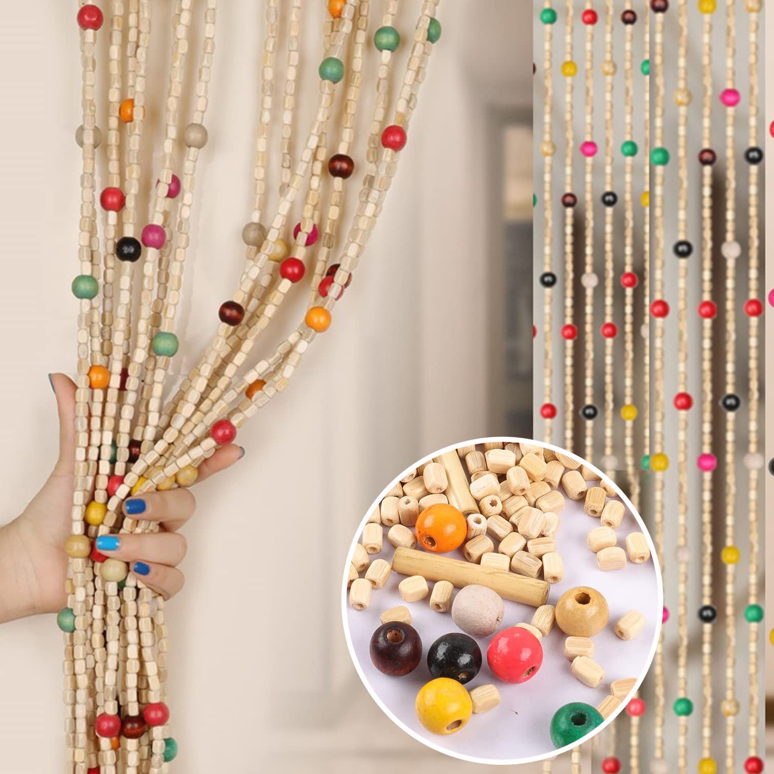Amazon｜木製ビーズカーテン 木製と竹ビーズカーテン 珠のれん 吊り