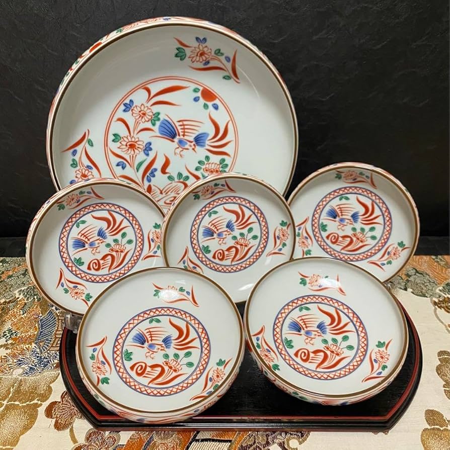 Amazon.co.jp: 和食器 有田焼 林斎 赤絵花鳥大皿1 中皿5客セット