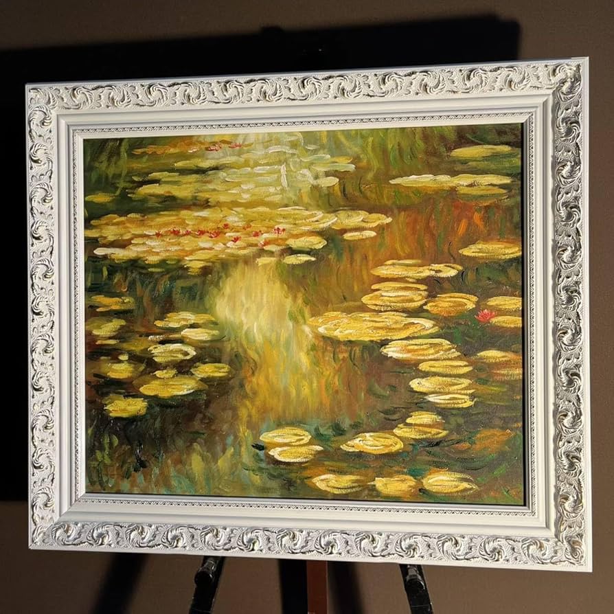 Amazon.co.jp: 秀作 手書き油絵 モネ 睡蓮の池 黄金色 額付 絵画 油彩