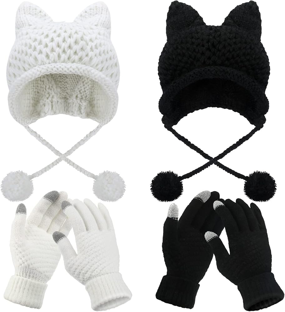 4 Pieces Winter Cat Ear Beanie Knit Hat Touchscreen Gloves Set for