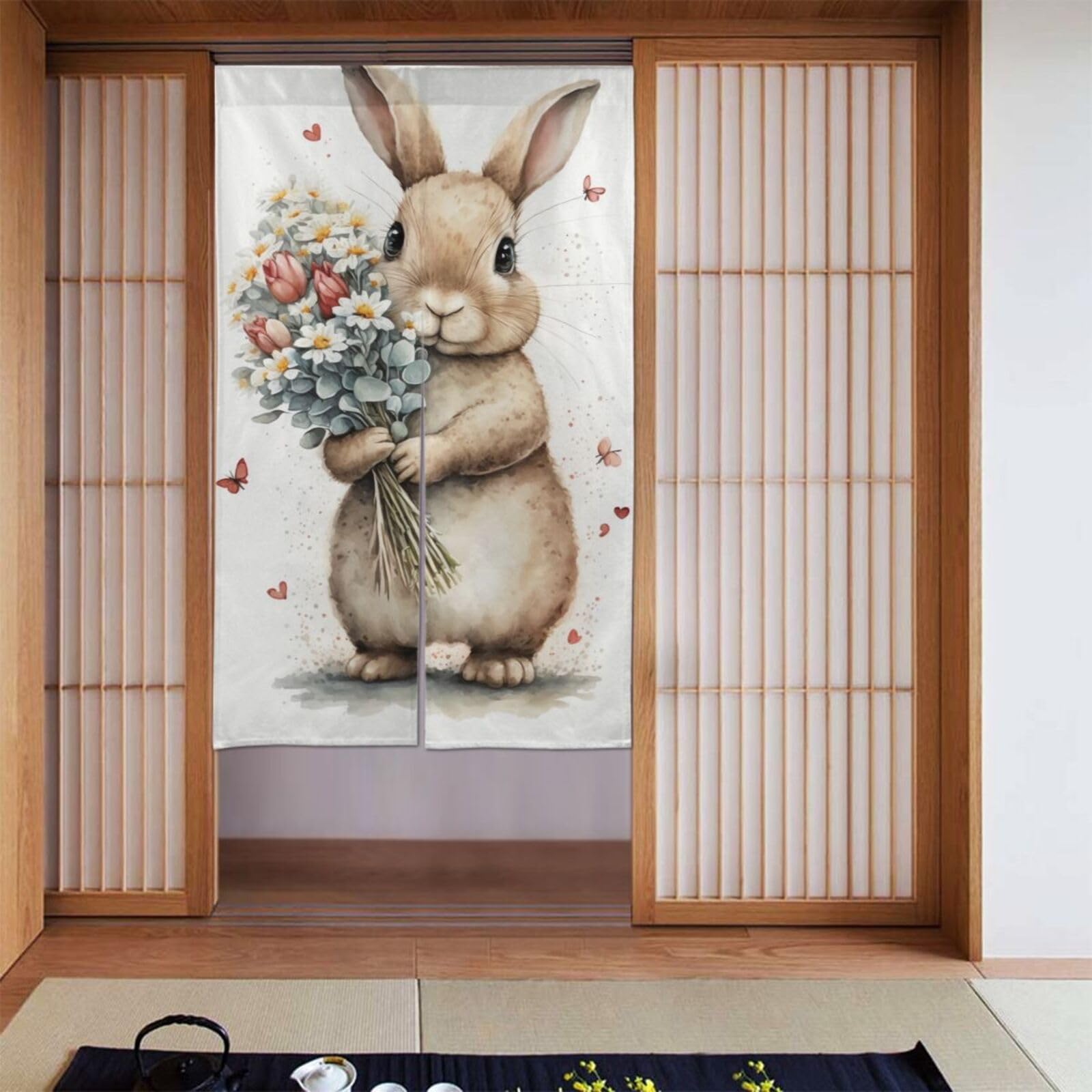 Amazon｜うさぎ 兎 ウサギ 花 可愛い のれん 間仕切り 遮光 暖簾