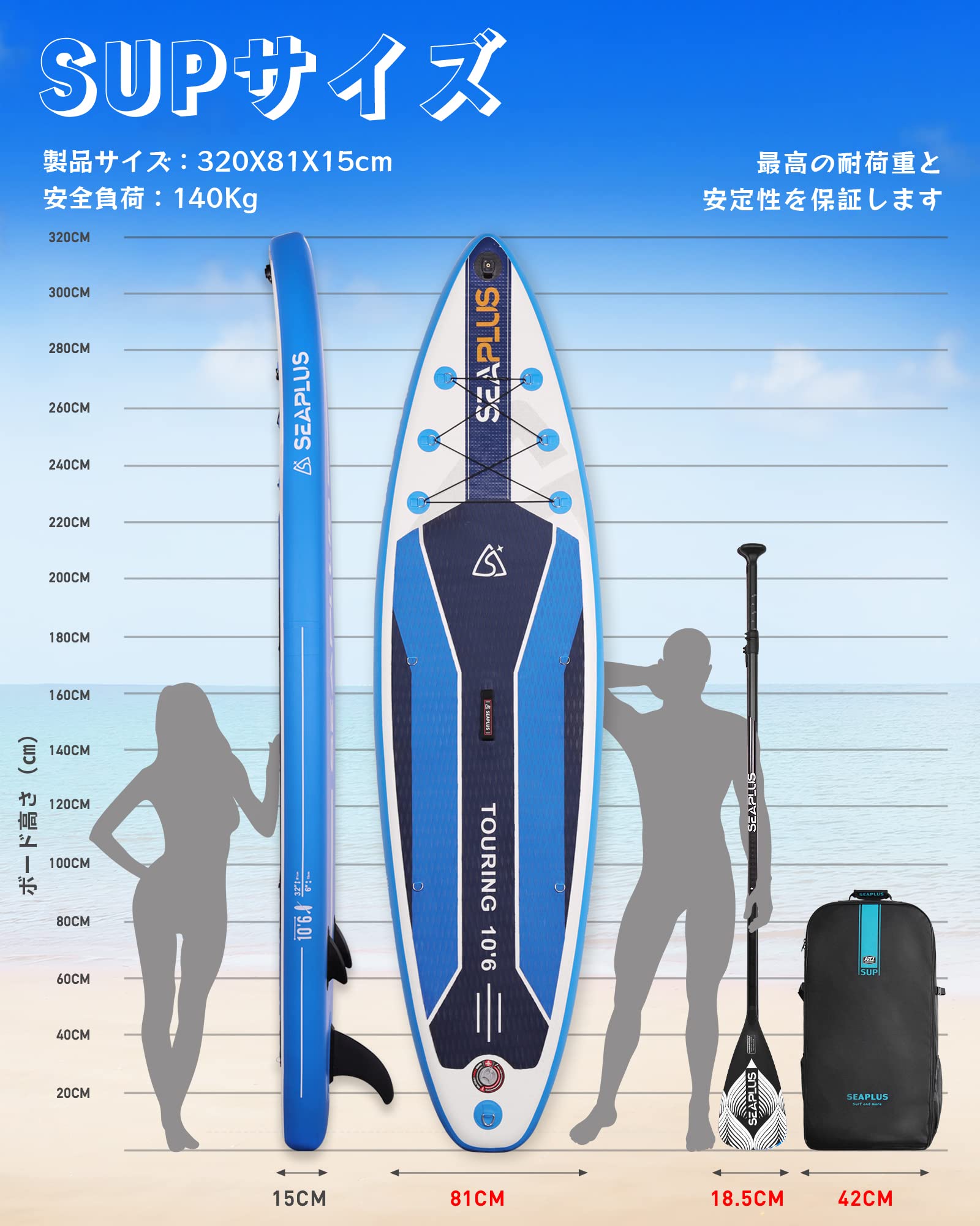 サップボード SEAPLUS 長320cm 幅81cm 厚15cm パドル付き