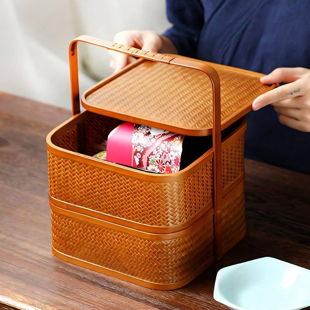Amazon｜自然素材にこだわったかご 竹 かご ハンドル付き 二段 重箱