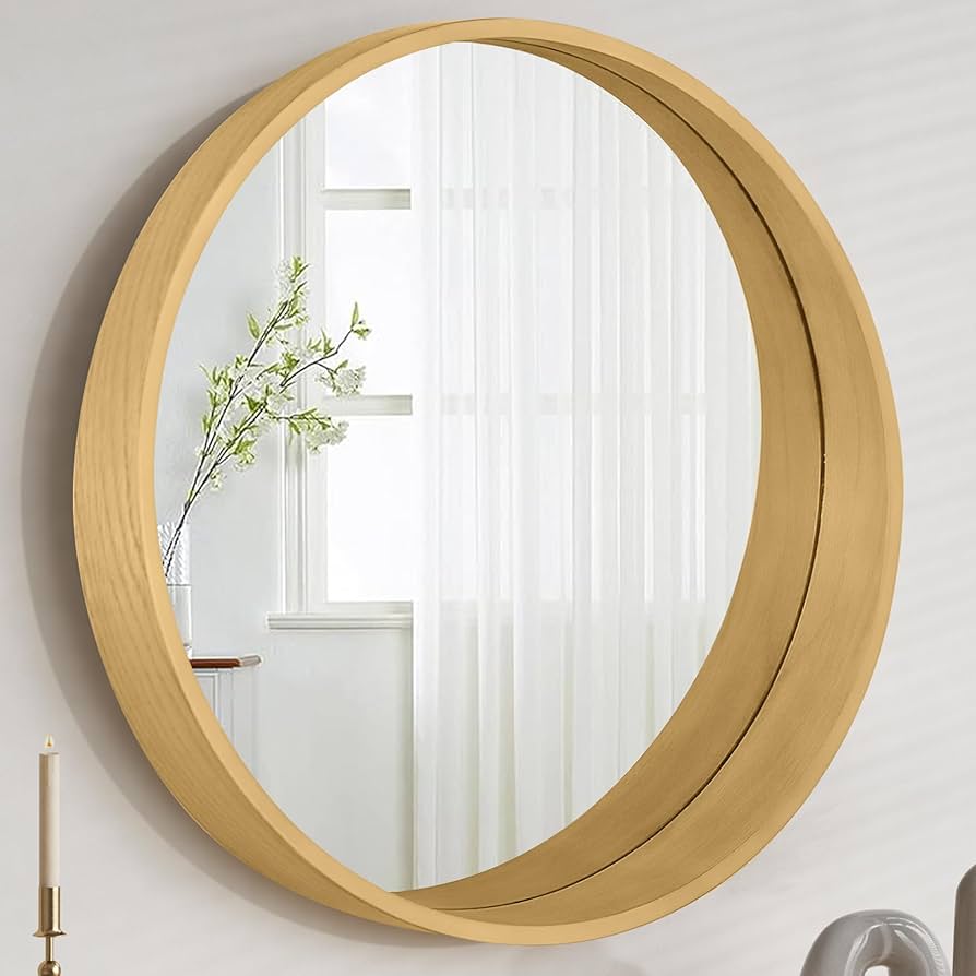 Amazon.co.jp: Browgrow 壁掛けミラー 木製 鏡 壁掛け鏡 丸型鏡