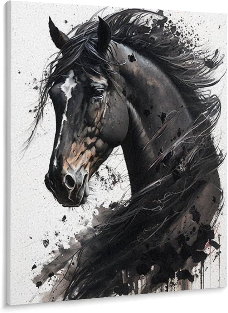 Amazon | 暗い馬の肖像 数字油絵 スプラッシュ水墨画 超リアルな動物の