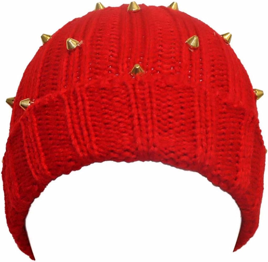 Red Knit Beanie Cap Hat with Gold Spikes at Amazon Women's