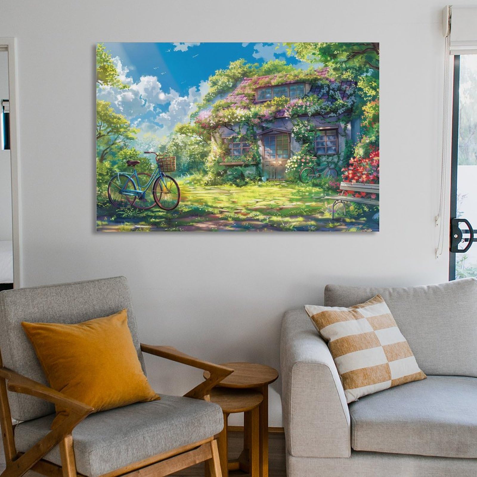 Amazon.co.jp: 絵画 花と緑の芝生に囲まれた家インテリア 絵画 のどか