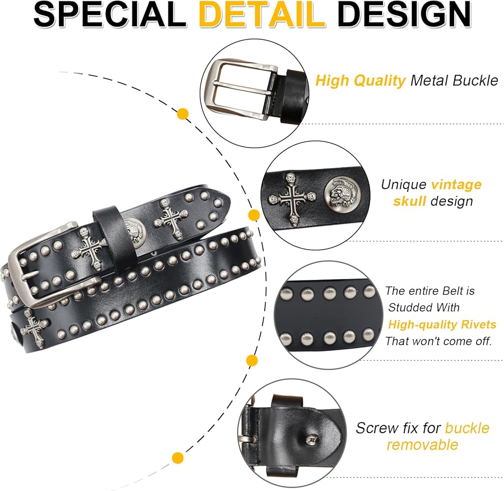 Skull Studded Belt Y2k Skull Belts Genuine Leather studded belts