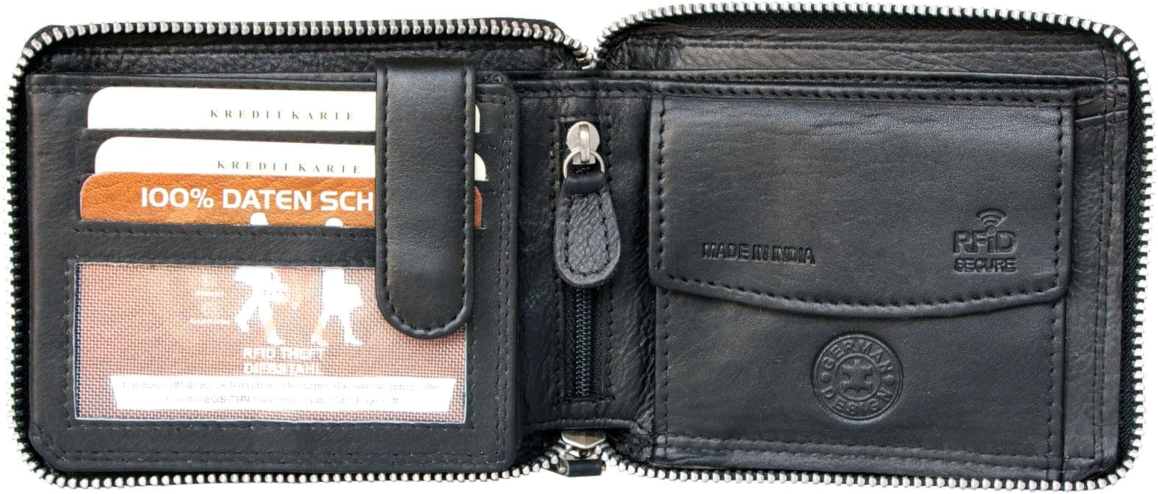 Men's Zip-around (metal zipper) Black Genuine Leather Trifold
