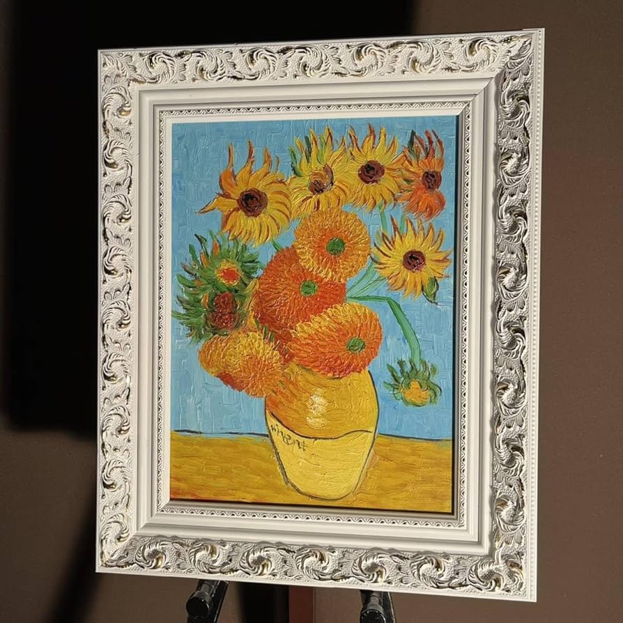 Amazon.co.jp: 手書き油絵 ゴッホ ひまわり 青 額付 絵画 インテリア