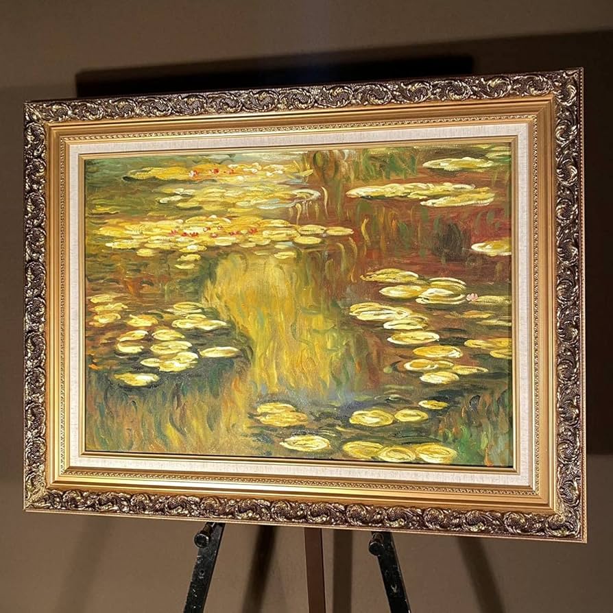 Amazon.co.jp: 秀作 手書き油絵 モネ 睡蓮の池 黄金色(大)額付 絵画