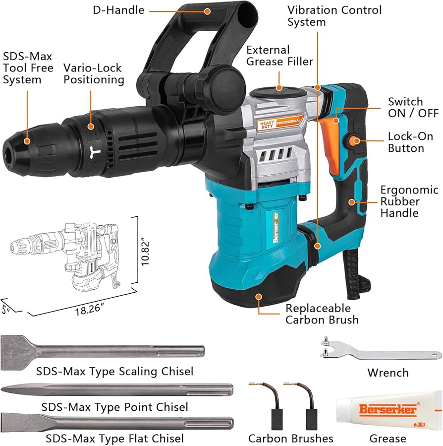 Berserker 1300W 16-Pound SDS-Max Demolition Jack Hammer, 1-9/16