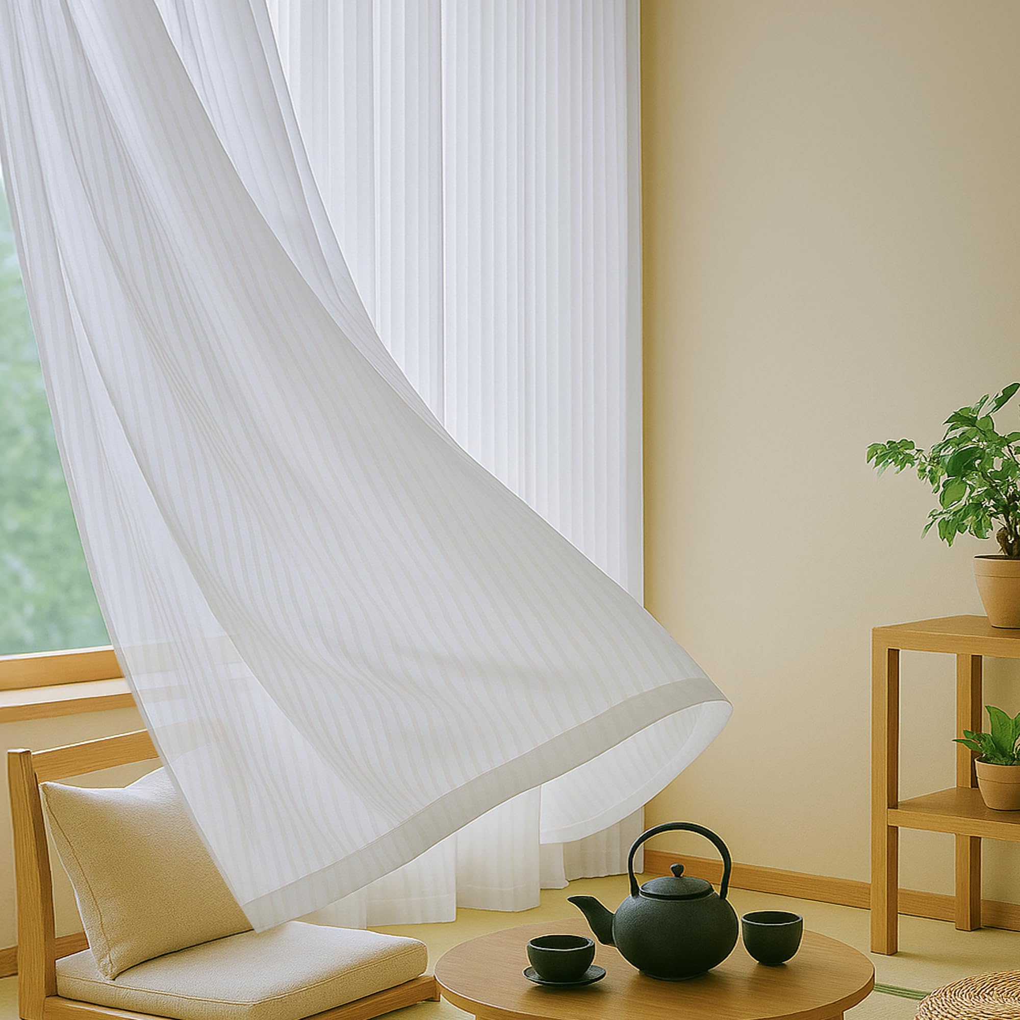 Amazon.co.jp: Deconovo Lace Curtain, Striped Pattern, Less Visible