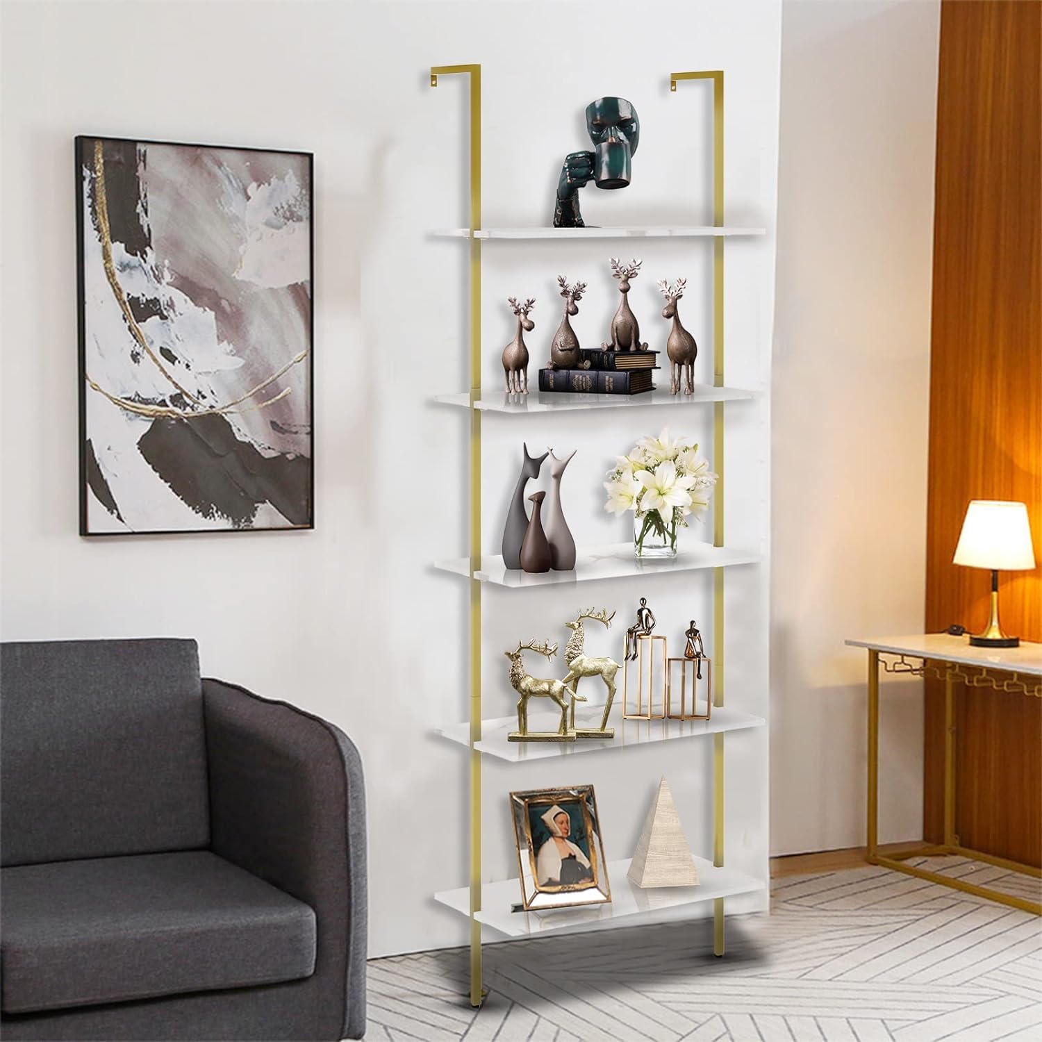 Amazon.com: aboxoo Ladder Shelf White Marble Bookshelf 5-Tier Wall