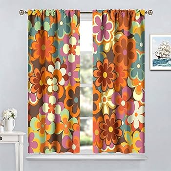 Amazon｜ZhiRain カラフルな花柄カーテン レトロ 70年代スタイル