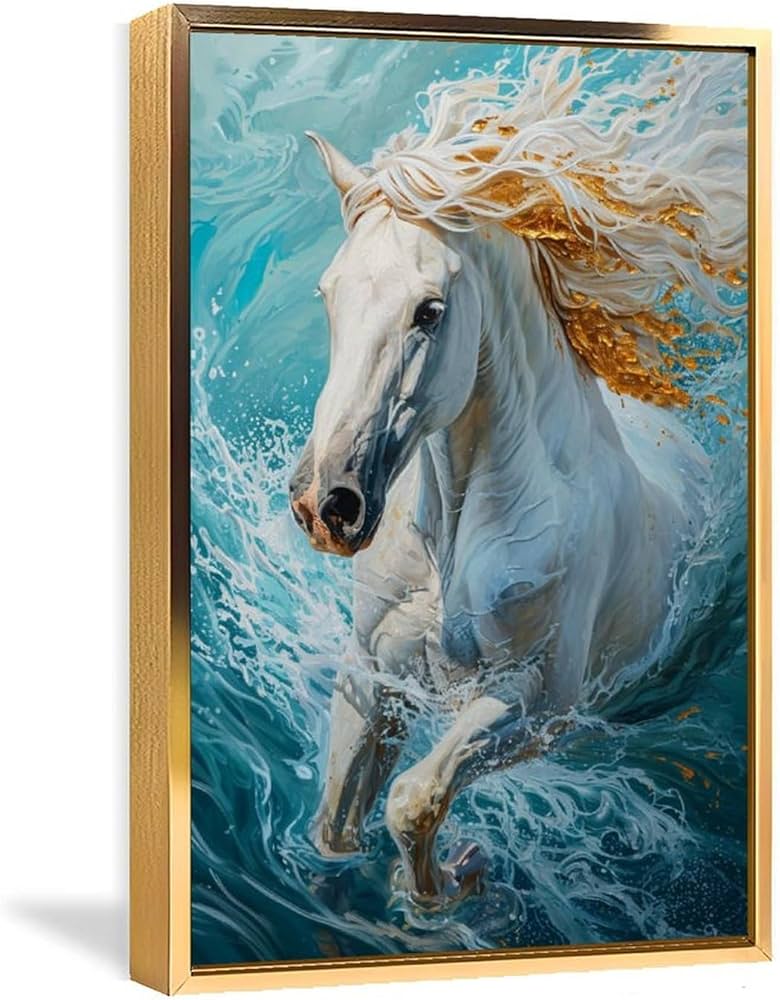 Amazon.co.jp: 絵画 浜辺を走る白い馬 アートパネル ポスター 動物