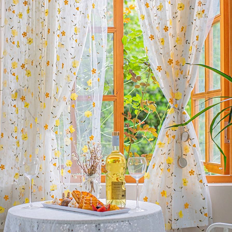 Amazon｜植物と花の刺繍レースカーテン、55 インチ、二重層デザイン