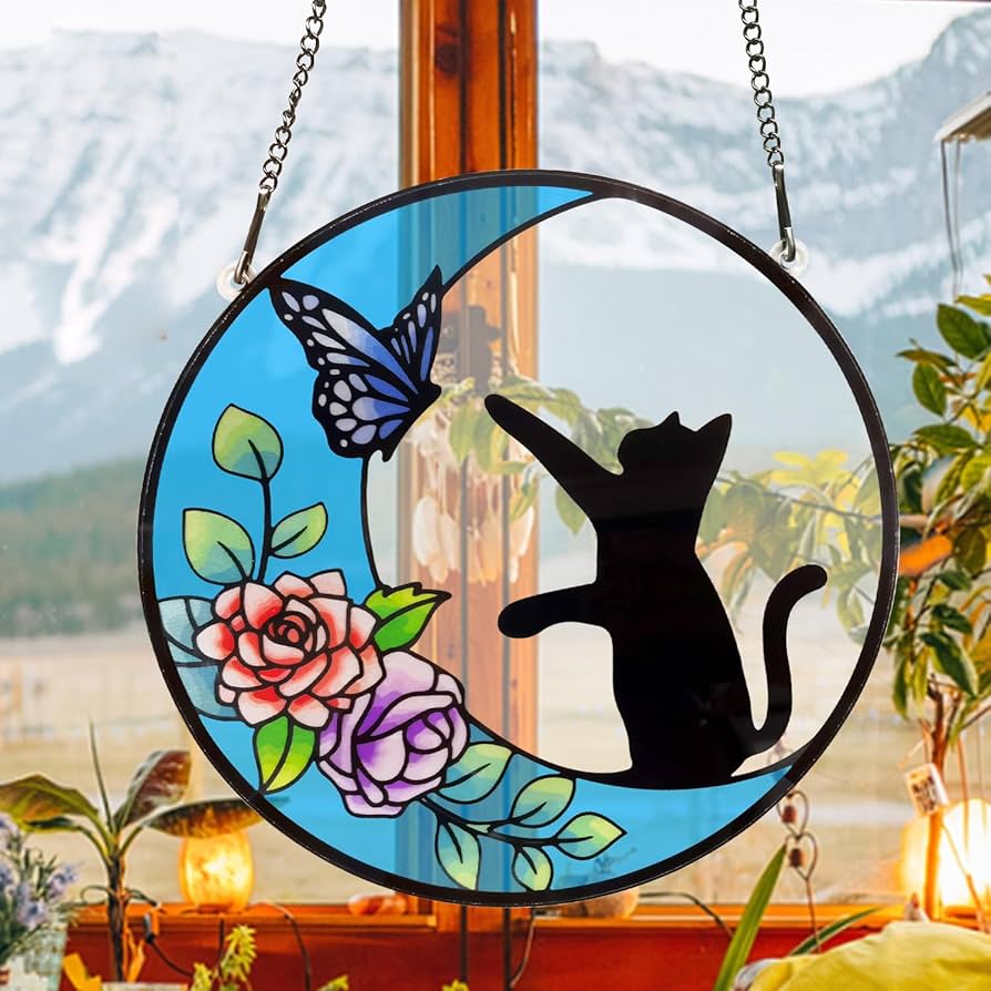 Amazon.co.jp: AJHMGJGO 黒猫装飾 ステンドグラスパネル ウィンドウ