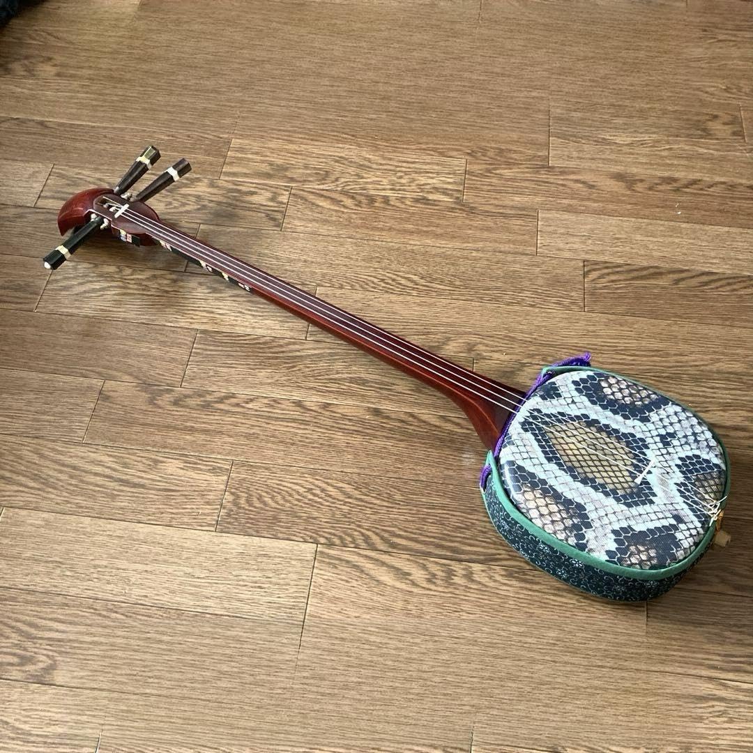 蛇皮「デザイン」の三線（戻らないカラクイ付き） 蛇皮「デザイン」の