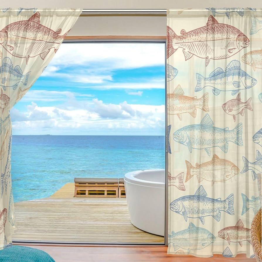 魚柄の白いカーテンと青いレースカーテンのセット 190✖️190 魚柄