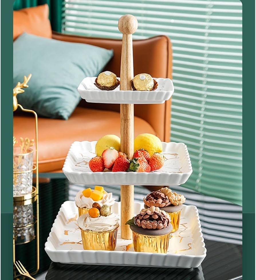Amazon｜フルーツスタンド 大理石模様 3段 長方形 ケーキスタンド