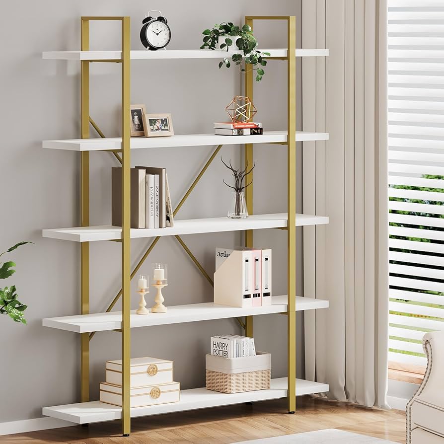 Amazon.com: HSH 5 Tier White and Gold Bookshelf, Tall Storage