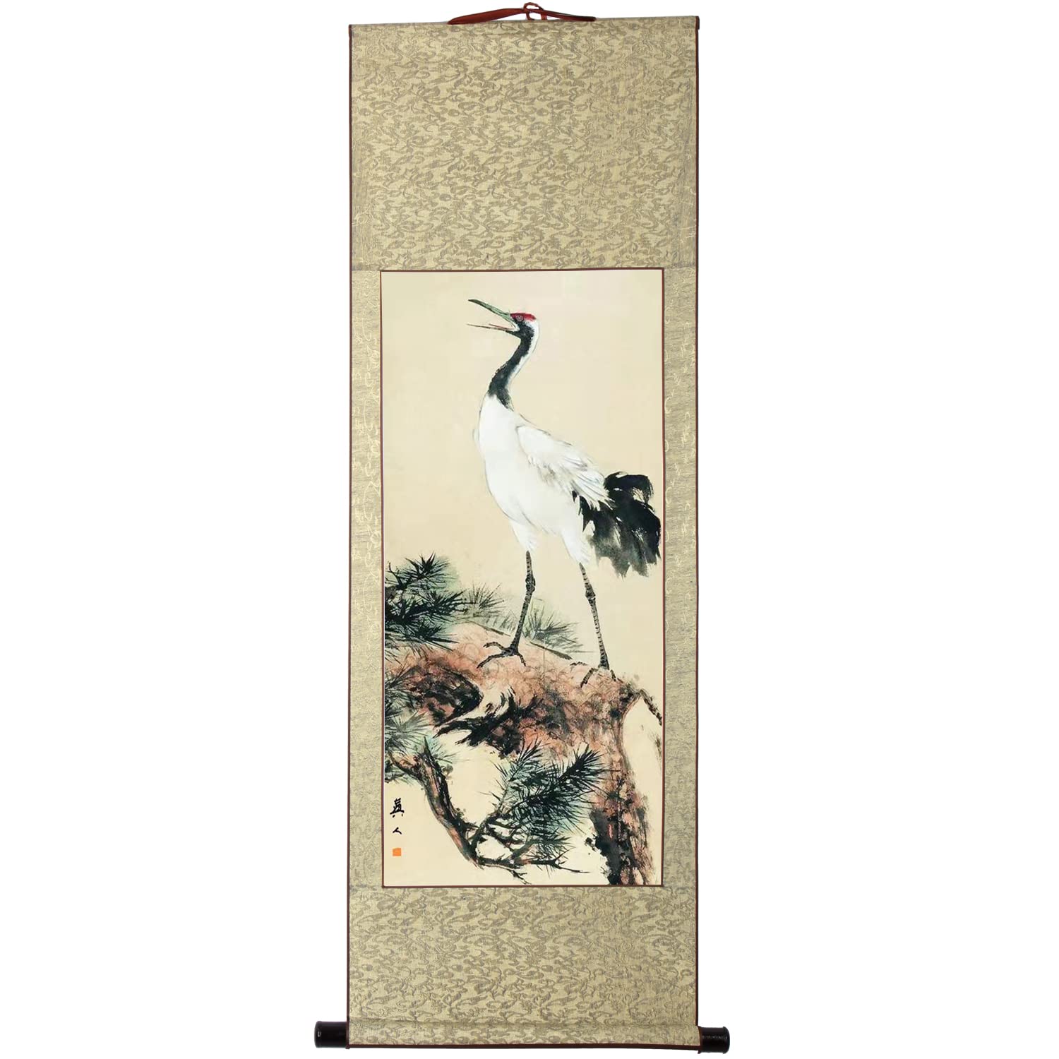 掛軸 水墨画 松鶴図 謝陽画中国 絵画 鶴 松 箱付 張大千大風堂 掛軸