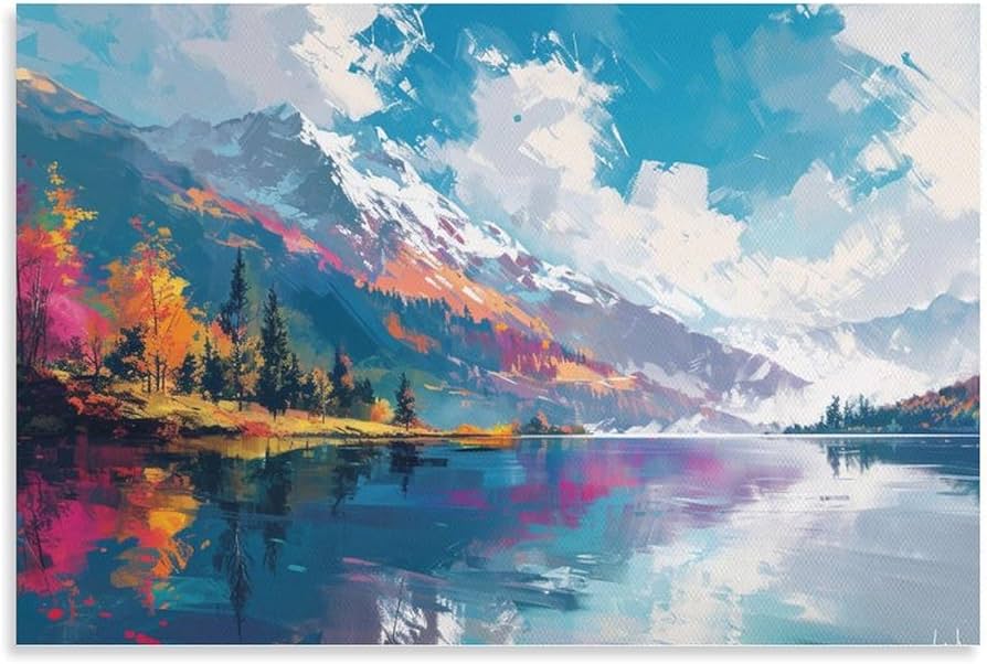 Amazon.co.jp: 絵画 春の山と川の油絵インテリア 絵画 油絵イラスト