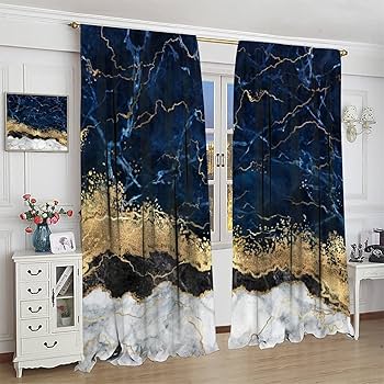 Amazon｜抽象的な大理石カーテン ネイビーブルー ゴールド ストライプ