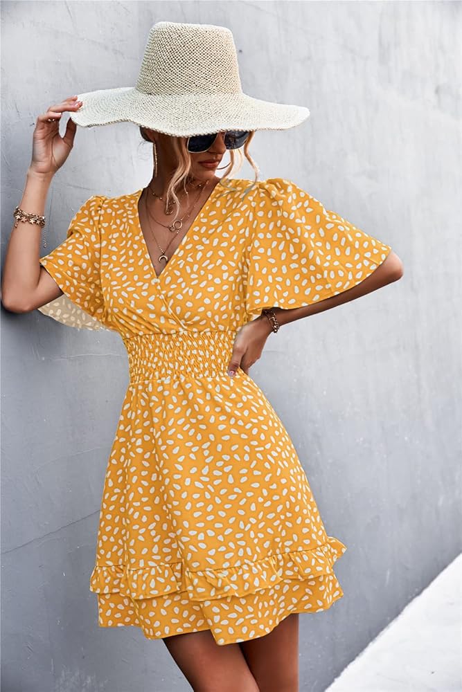 Estink Women's One Piece Dress Floral Print Short Ruffle Sleeve