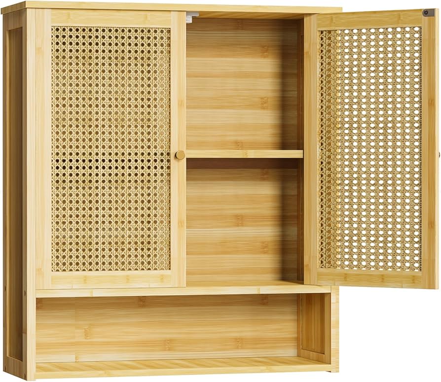 Amazon.co.jp: UNHO 吊り戸棚 ラタン調 木製 壁掛けキャビネット 編目