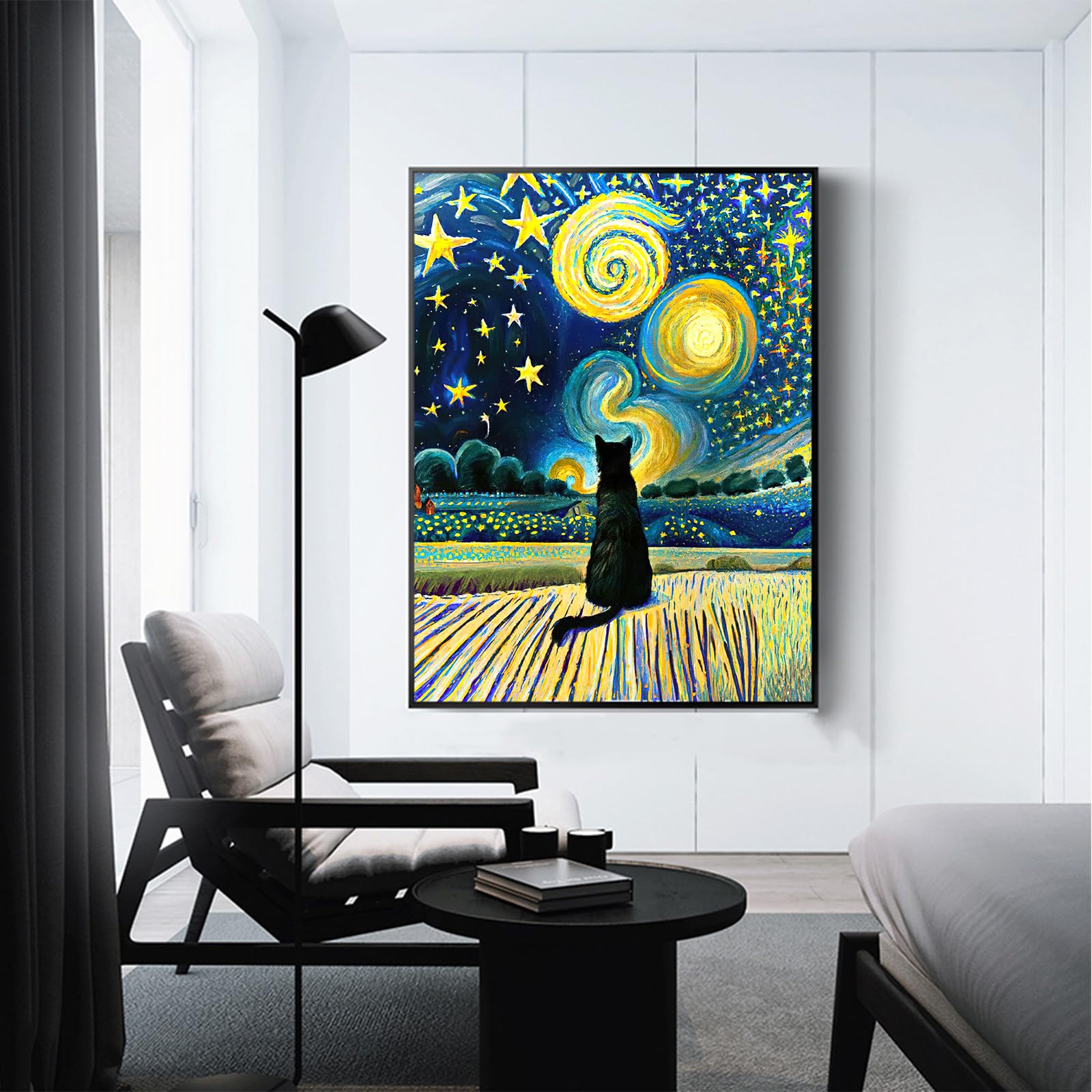 絵画。原画【かわいい白い猫が夜に梯子を登って光る星を集める】 絵画