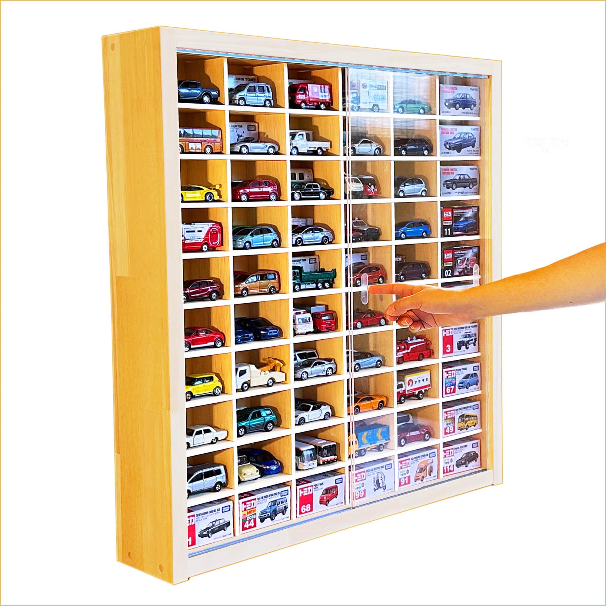 ブラック色全塗装 木製ミニカーケース 80マス アクリル障子付 日本製