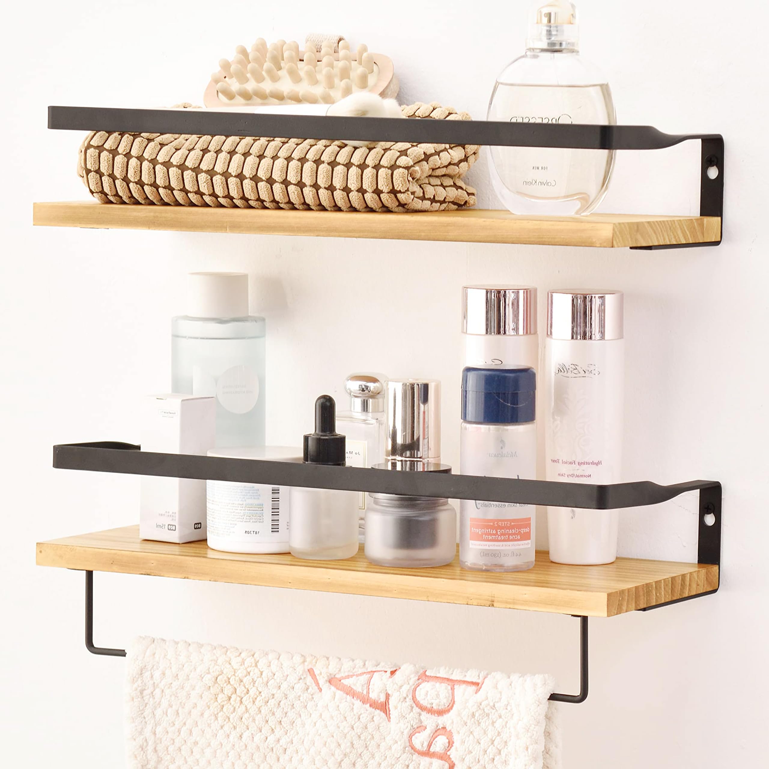 Amazon｜ウォールシェルフ 天然木製 42cm 2点セット 壁 棚 落下防止の