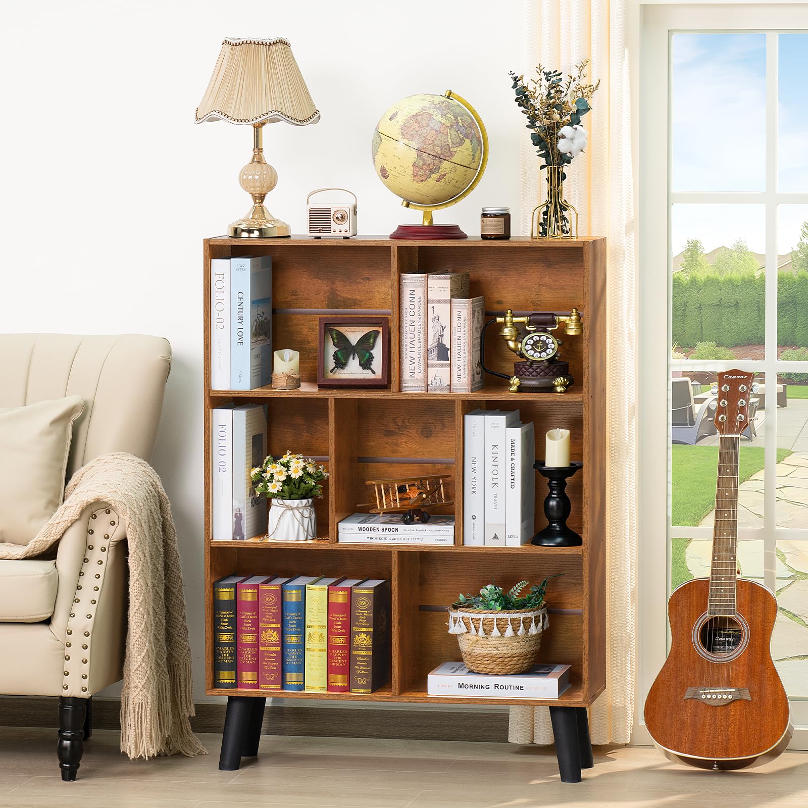 Amazon.co.jp: YUFAM ヴィンテージ本棚 脚付き 3段 ミッドセンチュリー