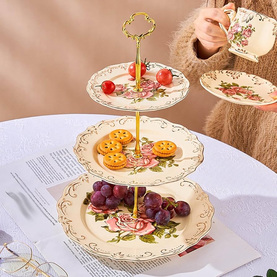 Amazon｜ケーキスタンド ローズ柄 バラ柄 浮き彫り 果物収納 菓子皿