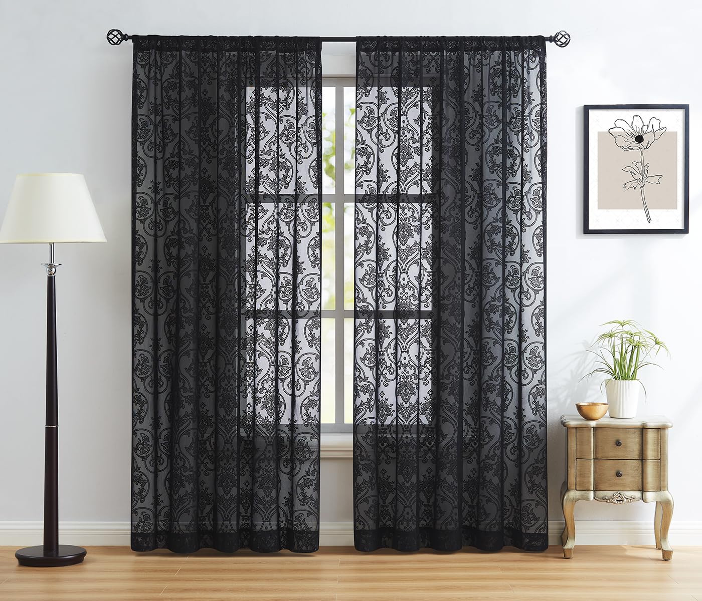 Amazon｜Treatmentex ダマスクレースシアーカーテン ブラック