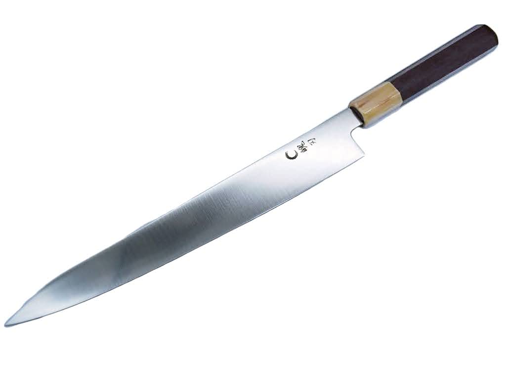 11034左利き用切付包丁 尺 刺身包丁 刃は究極の切れ味黒檀水牛白三本巻