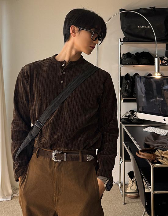 ASCLO Velour Henry Neck T Shirt (4color) - ASCLO