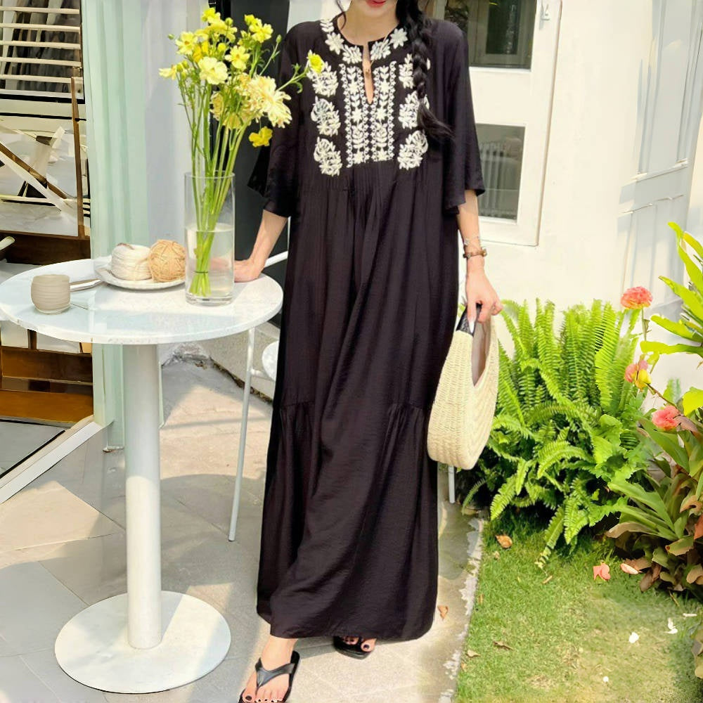 ワンピース】レトロ ゆったり 大きいサイズ 刺繍 半袖ワンピース