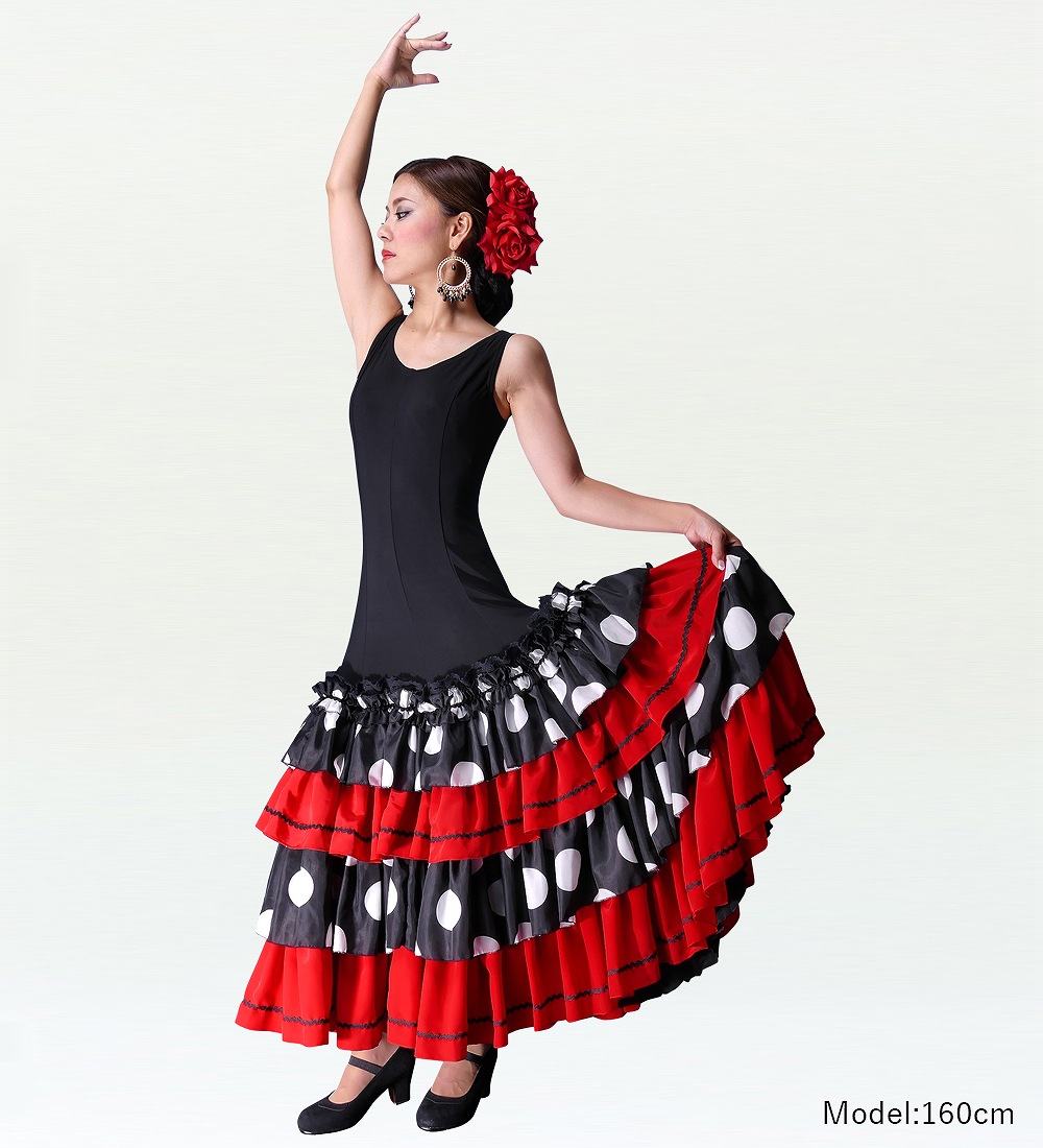 フラメンコ 水玉 フリル ワンピース ブラック×レッド 2033br