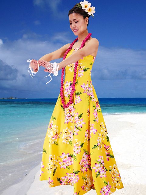 フラダンスムームー ストラップレス ロング丈ドレス イエロー 2093y