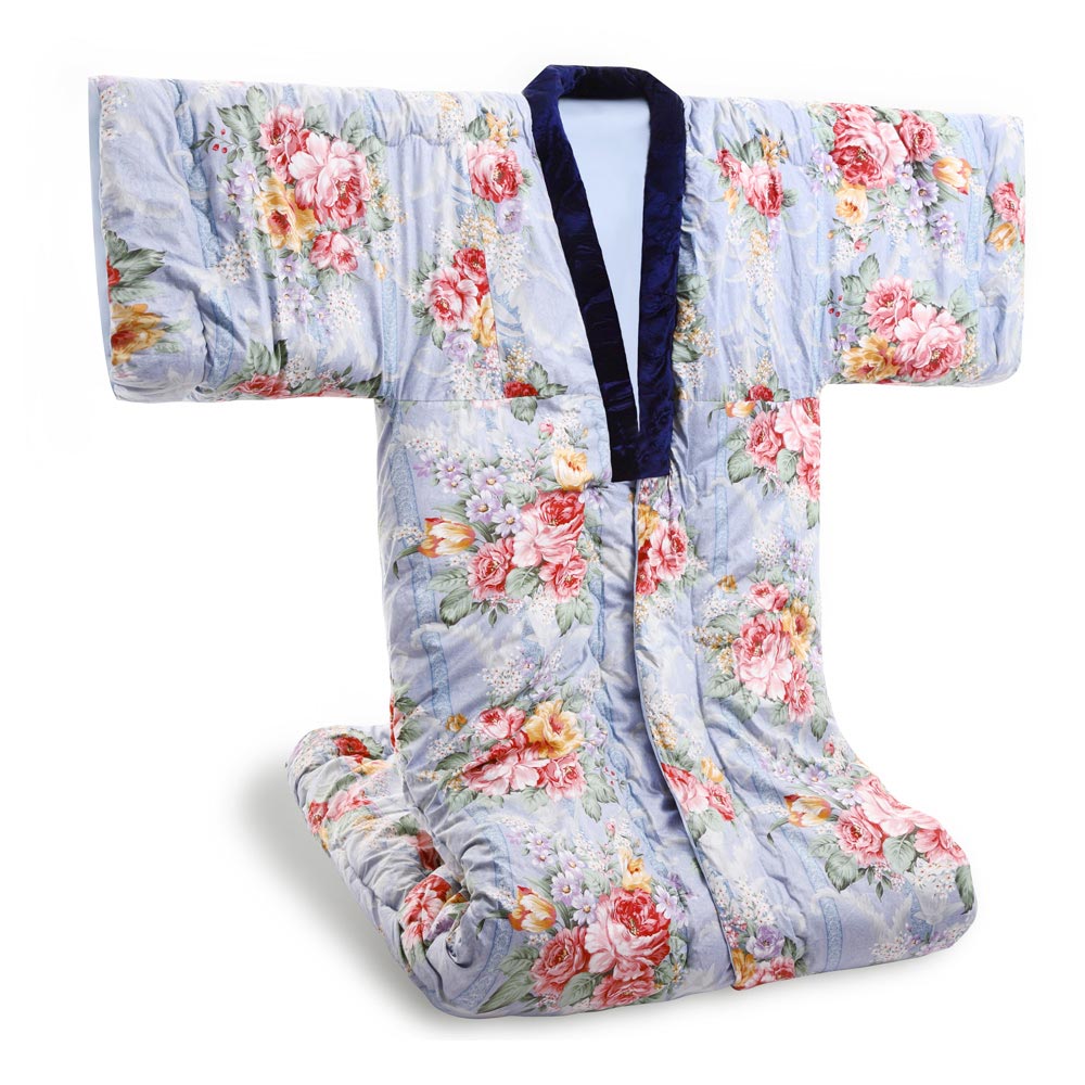 公式》03BASIC かいまきふとん 増量ウール100％ 花柄(ローズ) ブルー