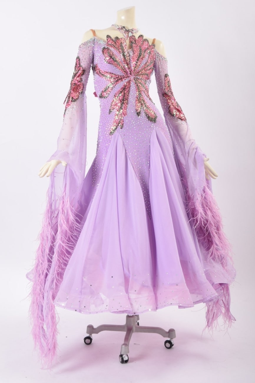 Y5697☆SM☆ピンク オーストリッチ スワロ スタンダードドレス☆社交